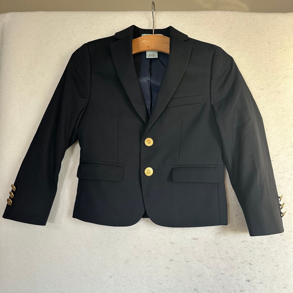 Class Club Kids Navy Blue Stretch Modern Fit Blazer Gold Crest Buttons Size 4